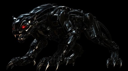 Black metallic robotic panther with glowing red eyes.