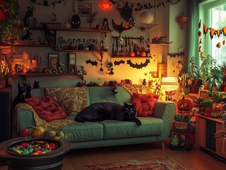 Cozy Halloween Living Room with Black Cat and Autumnal Decor