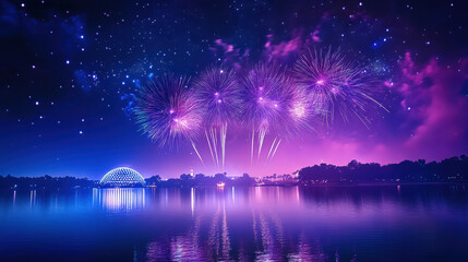 Beautiful fireworks over the lake, a purple sky with colorful clouds and reflections on the water's surface