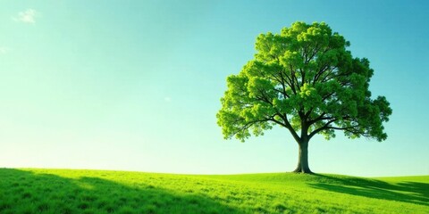 Serene Landscape Featuring a Lush Green Tree on a Rolling Hill Under a Clear Sky