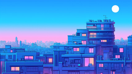 美しい都市と夜景のイラスト,アニメ,アジア,グラフィックアート,星空,月