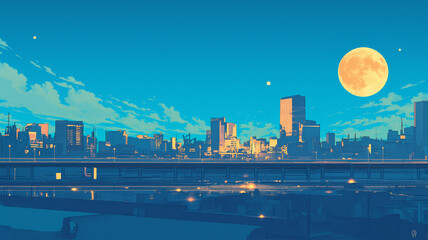 美しい都市と夜景のイラスト,アニメ,アジア,グラフィックアート