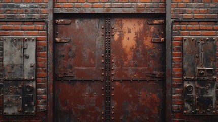 Metal doors in a red brick wall at the entrance of a transformer area, showcasing a raw industrial aesthetic tempered by the weathered brick details