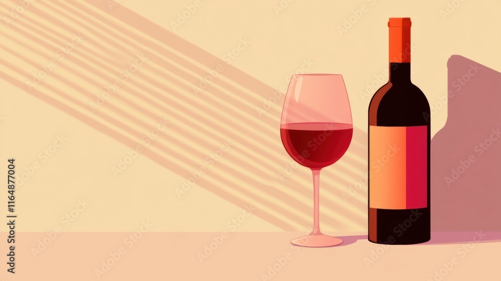 Poster a red wine bottle alongside a glass casts elegant shadows on a simple backdrop, creating a serene at