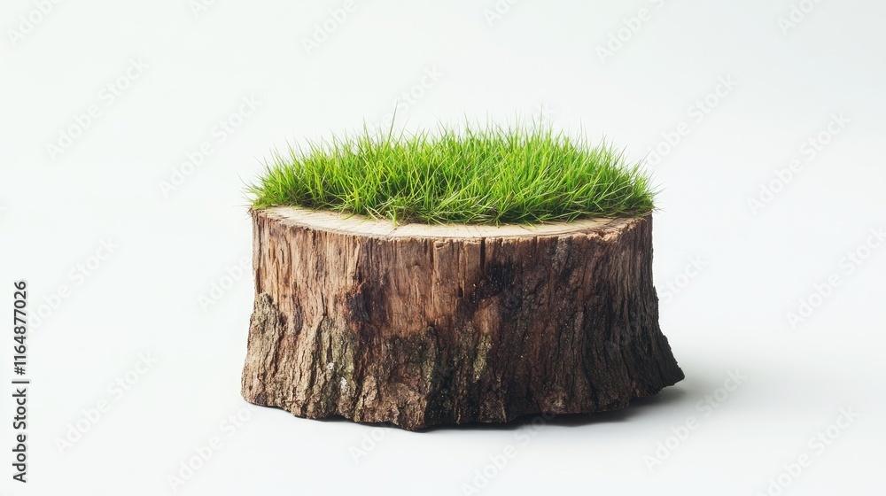 Poster Natural side view of a wooden tree stump covered with grass, highlighting its unique texture and isolated on a plain white background