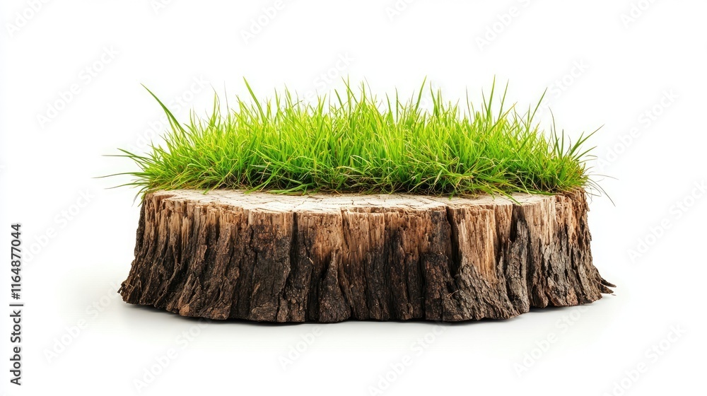 Poster Natural side view of a wooden tree stump covered with grass, highlighting its unique texture and isolated on a plain white background