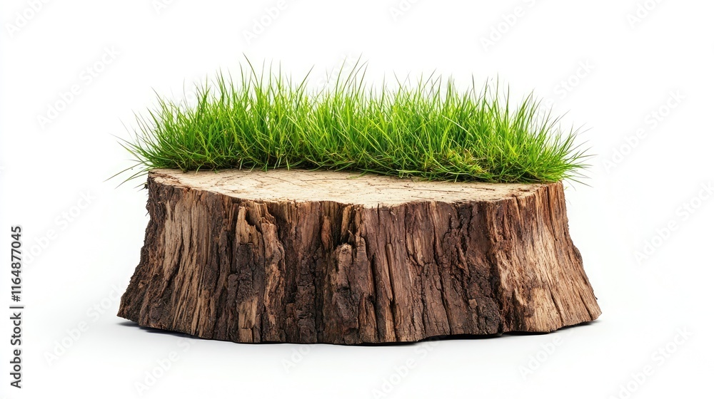 Poster natural side view of a wooden tree stump covered with grass, highlighting its unique texture and iso