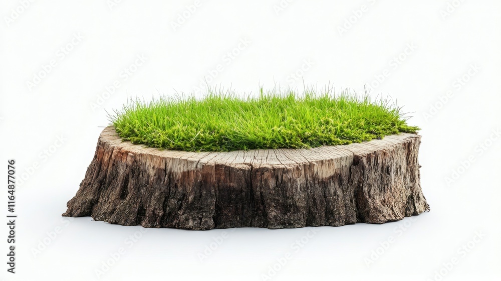 Poster natural side view of a wooden tree stump covered with grass, highlighting its unique texture and iso