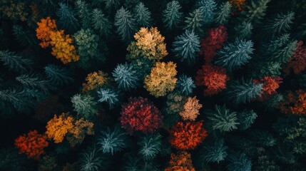 Fototapeta premium Aerial View Of Autumn Forest Canopy Showing Colorful Trees