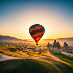 Fototapeta premium colorful hot air balloon over mountain landscape at sunrise in cappadocia turkey