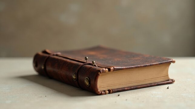 Aged Leather-Bound Journal with Antique Brass Clasps and Pins Resting on a Neutral Surface