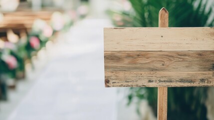 Rustic wooden sign with arrow stands in a peaceful outdoor venue, guiding guests along a flower-lined path to their destination