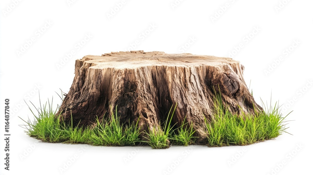 Poster side view of a rustic tree stump with grass growing at its base, isolated on a white background, hig