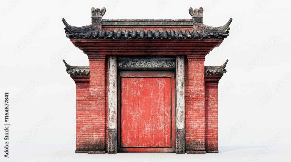 Poster side view of a red ceramic brick gate with a traditional design, set against a crisp white backgroun
