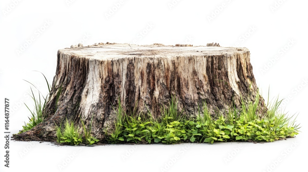 Poster side view of a rustic tree stump with grass growing at its base, isolated on a white background, hig