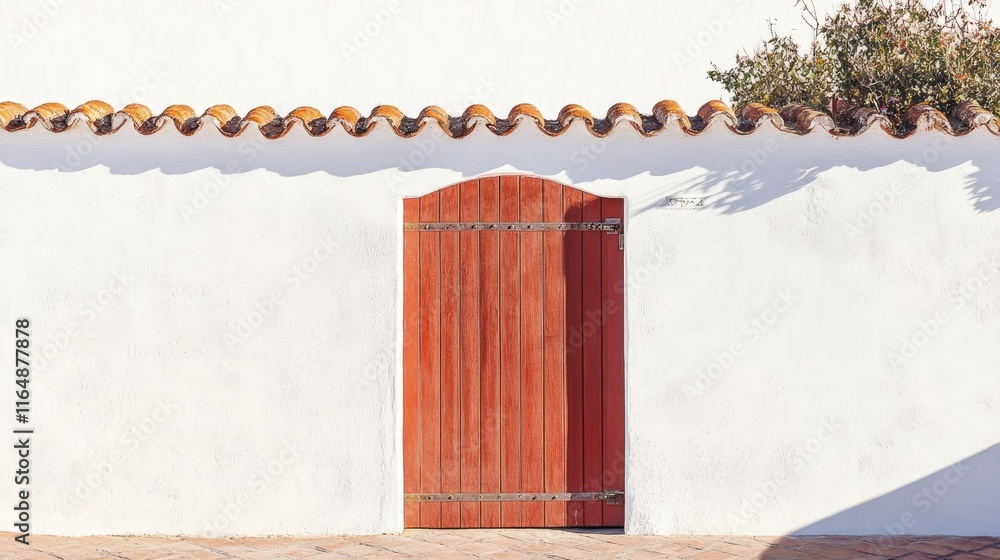 Poster side view of a red ceramic brick gate with a traditional design, set against a crisp white backgroun