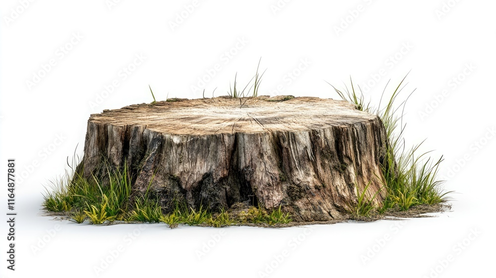 Poster side view of a rustic tree stump with grass growing at its base, isolated on a white background, hig