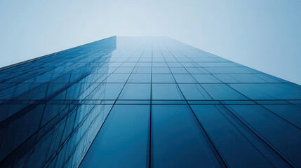 Blue glass building, view from the bottom, clear sky background