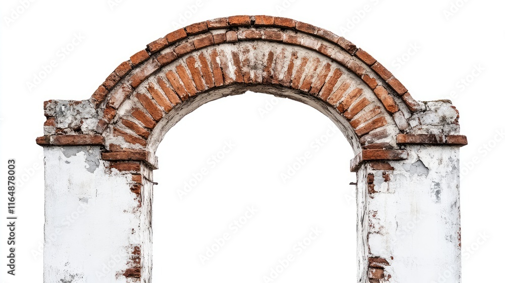 Poster side view of a weathered red brick gate archway with rustic appeal, captured against a white backgro