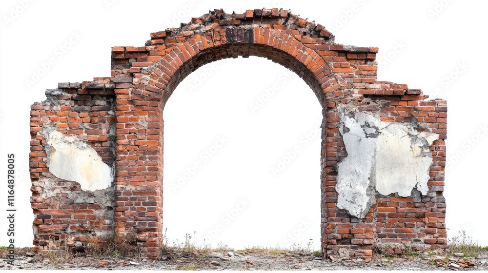 Poster side view of a weathered red brick gate archway with rustic appeal, captured against a white backgro