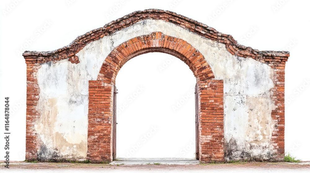 Poster side view of a weathered red brick gate archway with rustic appeal, captured against a white backgro