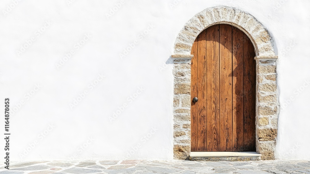 Poster side view of a wooden door with a stone arch, isolated against a pristine white wall, emphasizing th