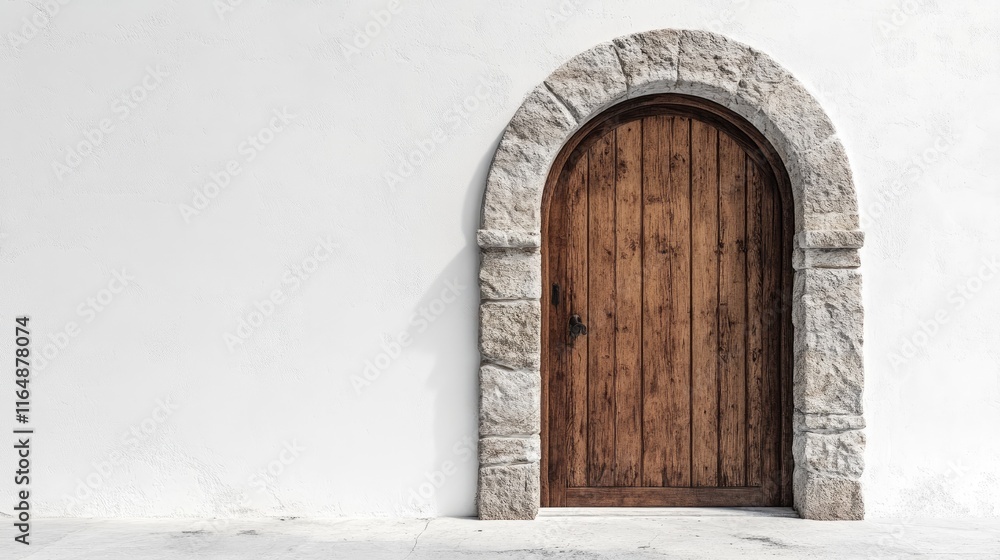 Poster side view of a wooden door with a stone arch, isolated against a pristine white wall, emphasizing th