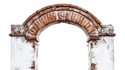 Side view of a weathered red brick gate archway with rustic appeal, captured against a white background, emphasizing its texture