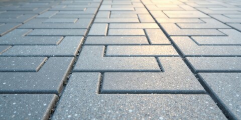 Grey paving stones in a herringbone pattern, sunlight illuminating the textured surface