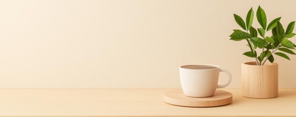 Minimal coffee concept. A serene setting featuring a cup and a green plant on a wooden surface.