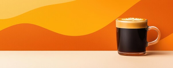 Minimal coffee idea. A vibrant cup of coffee against an abstract orange background.