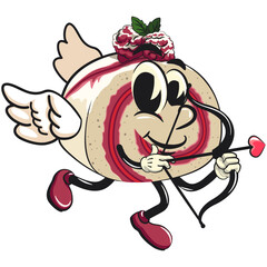 raspberry roll cake cute cartoon isolated vector illustration character mascot being cupid with angel wings and the arrow of love, work of hand drawn