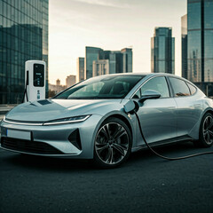 modern electric car charging in urban setting with city buildings in background