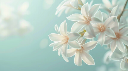 Fototapeta premium Elegant White Flowers in Soft Focus with a Tranquil Aqua Background, Perfect for Nature and Floral Themes in Design Projects