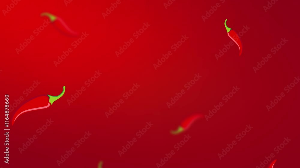Poster animation of striking red background adorned with scattered chili peppers, perfect for adding a spic