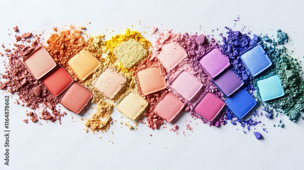 Poster top-down shot of a variety of broken eyeshadow powders in soft pastels and bold tones, laid out on a