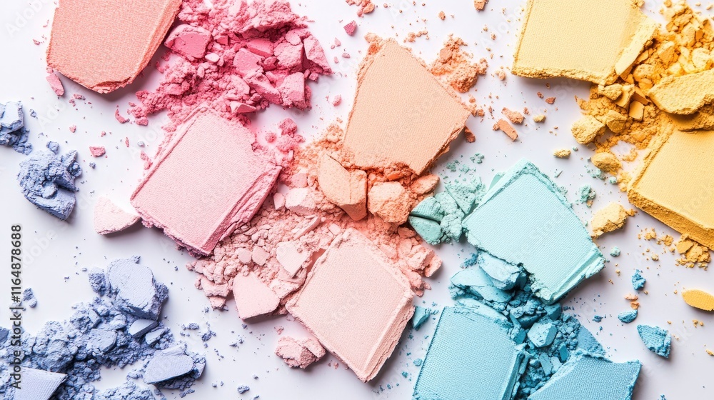 Poster top-down shot of a variety of broken eyeshadow powders in soft pastels and bold tones, laid out on a