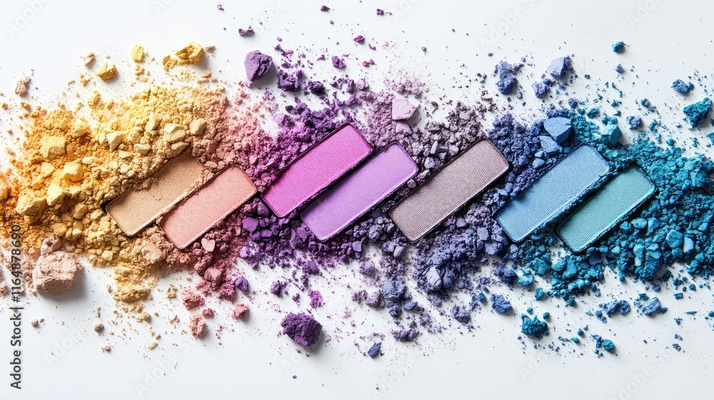 Aufkleber top-down shot of a variety of broken eyeshadow powders in soft pastels and bold tones, laid out on a