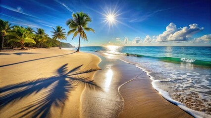 Obraz premium Serene tropical beach scene at sunrise, palm trees cast long shadows on the sand, gentle waves lapping the shore