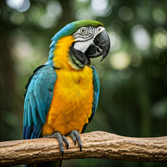 Fototapeta premium beautiful blue and yellow macaw parrot perched on a branch in a lush tropical setting