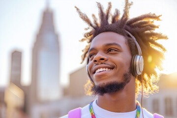 Young black man wearing headphones, smiling and enjoying music while soaking up the sunny atmosphere of New York City's vibrant streets