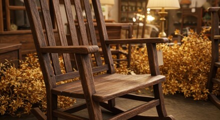 Rustic wooden rocking chair in cozy antique shop with warm lighting