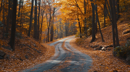 Obraz premium Serene winding road through colorful autumn forest with fallen leaves and trees