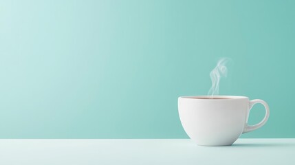 Minimal coffee concept. A steaming cup of coffee on a minimalist table with a soothing green background.