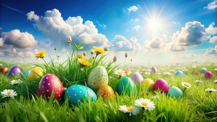 Brightly colored decorated eggs nestled in a vibrant spring meadow, bathed in the warm glow of a sunny day.