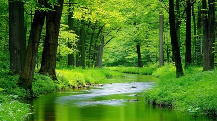 Obraz premium Serene Stream Flows Through Lush Green Forest