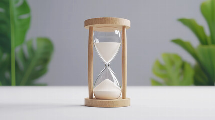Elegant hourglass on a minimalist table with greenery background
