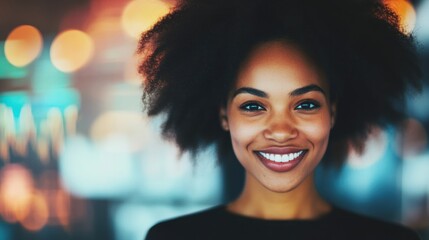 A smiling young woman engages in analyzing financial stock market trends during the day at a modern office setting, displaying enthusiasm