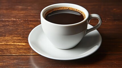 Minimal coffee idea. A steaming cup of black coffee on a rustic wooden table, perfect for coffee lovers.