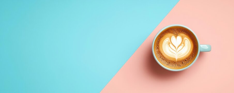 Minimal coffee concept. A beautifully crafted latte art on coffee against a pastel background.